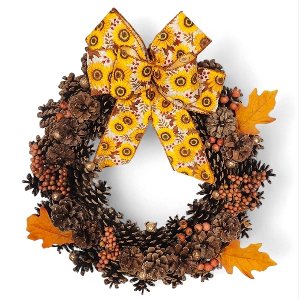 Sunflower Autumn Leaves Pinecone Wreath